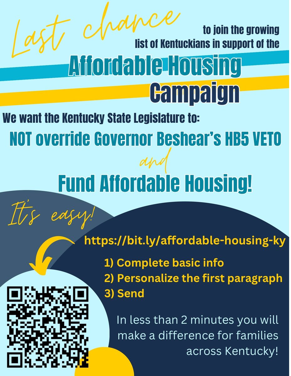 We only have ONE WEEK left to demand the General Assembly fund affordable housing in the state budget and sustain Governor Beshear’s expected veto of HB 5! Please take a few minutes to email your legislators now using this link: bit.ly/affordable-hou…