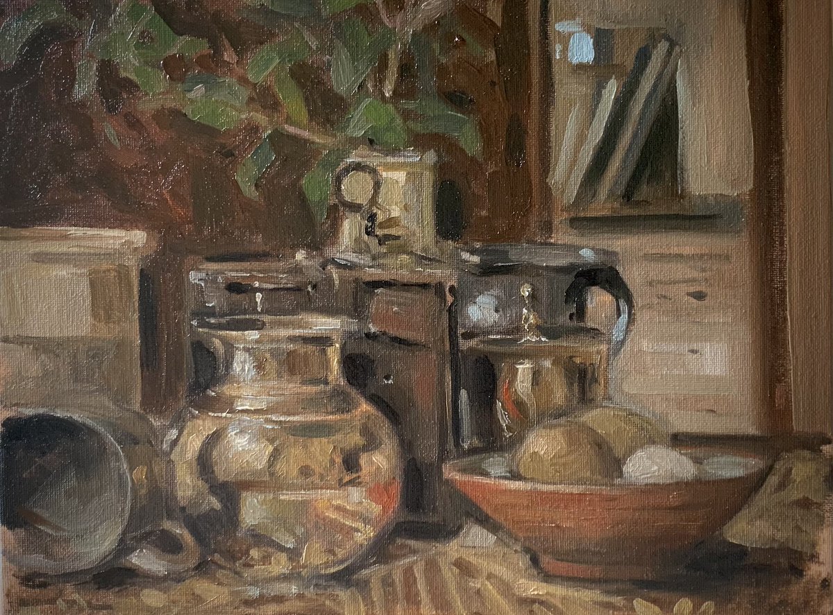 An interesting still life today. A collection of pewter mugs, bowls and brass pots also a antique collection box with keys. #art #painting #stilllife #art #lessons #artlessons #suffolk #aldeburgh #suffolkart @aldeburghstudiotrail