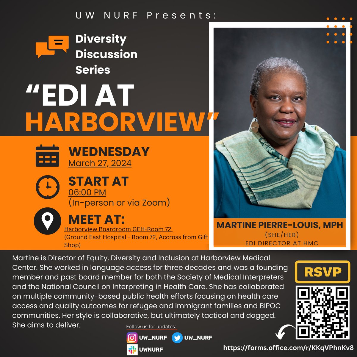 UW_NURF's tweet photo. Join UW NURF in welcoming Martine Pierre-Louis for our Diversity Discussion Series event held in-person at Harborview Medical Center or join us via Zoom. 

RSVP here
https://t.co/qQaD9C0FAR https://t.co/FPyGeJ9D9Q