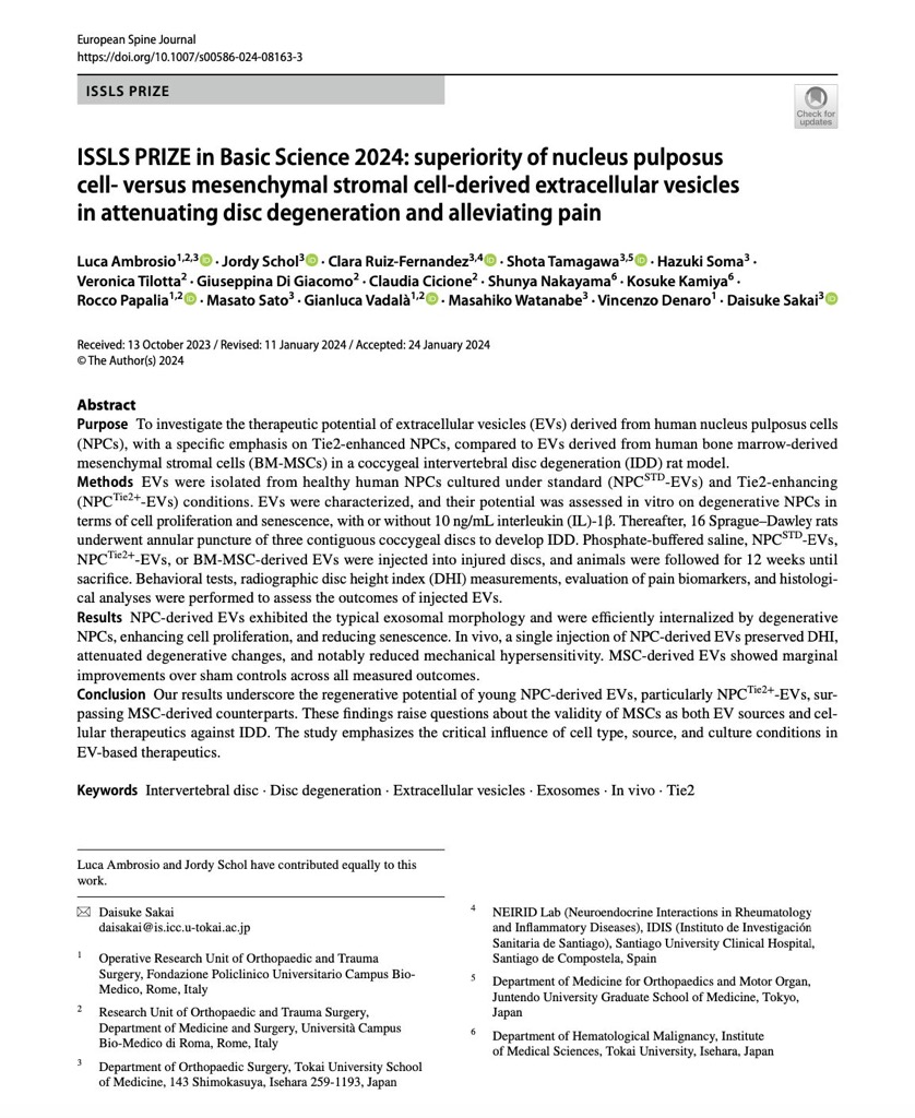 🌟 We would like to congratulate <a href="/luke_ambros/">Luca Ambrosio</a>, <a href="/iDeJordy/">Jordy - ジョルディ</a>, <a href="/LabSakai/">Sakai Disc Lab</a>, G Vadalà and co-authors on winning the prestigious International Society for the Study of the Lumbar Spine (#ISSLS) Prize in Basic Science 2024! 🏆 doi.org/10.1007/s00586… <a href="/EurSpineJournal/">European Spine J</a>