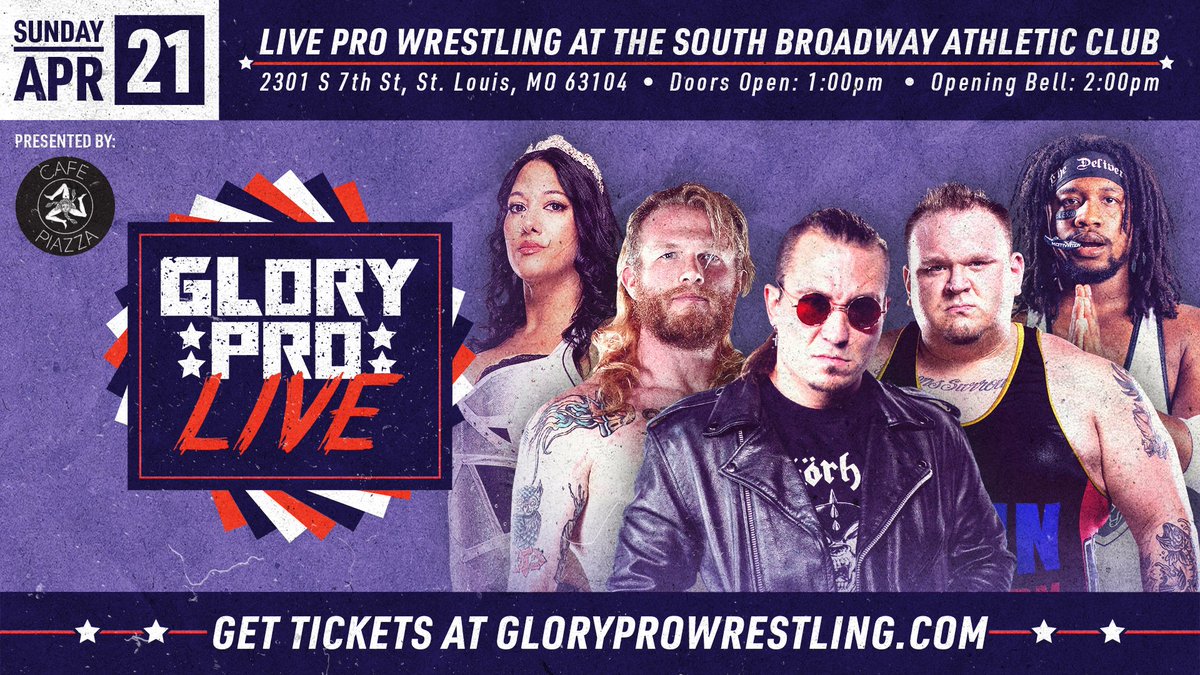 Glory Pro Wrestling returns LIVE from the heart of St. Louis Sunday April 21 at the historic South Broadway Athletic Club (10 minutes from Chaifetz Arena) Doors: 1pm Bell: 2pm Adult GA $25 Kids 10 and under FREE 🔽TICKETS🔽