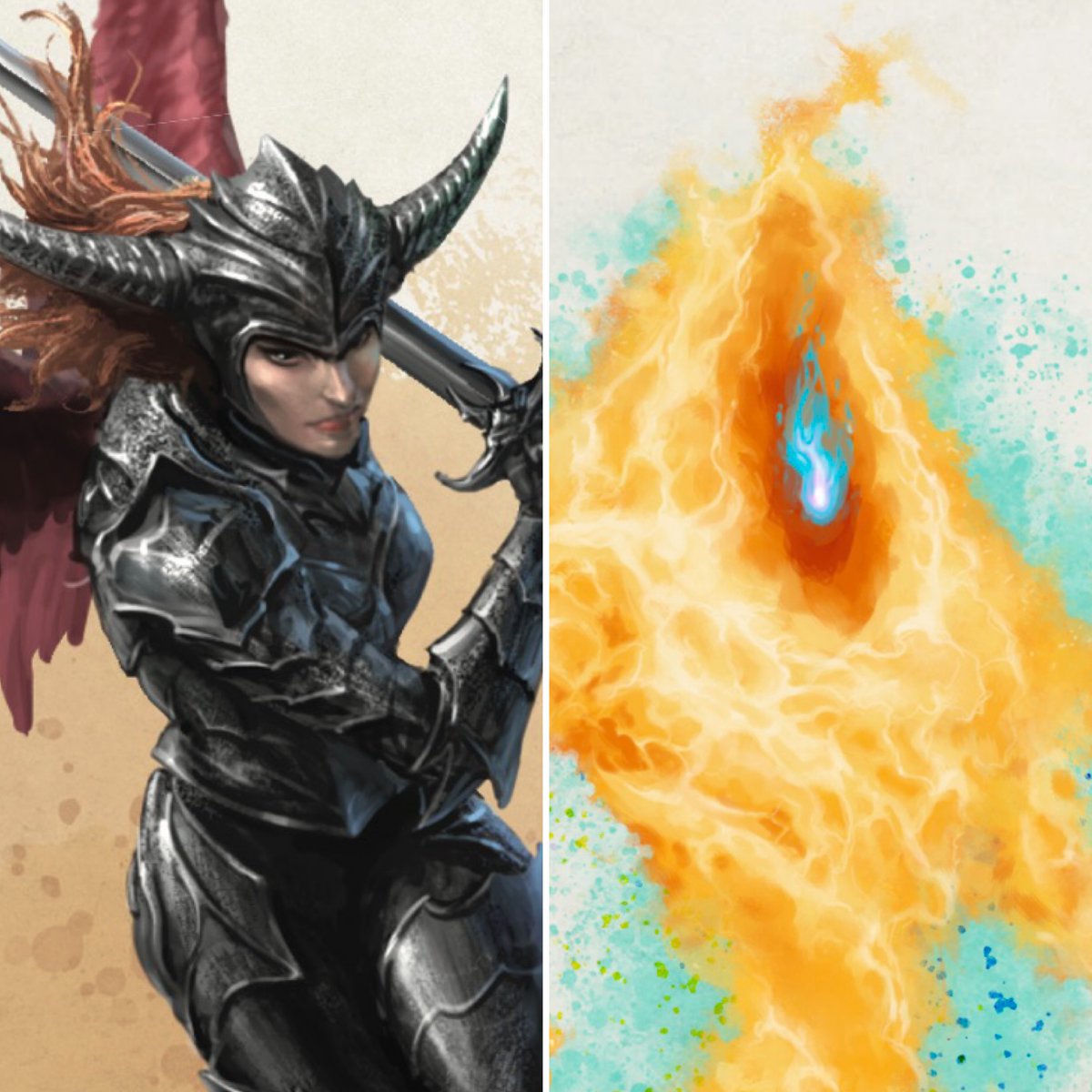 Battle 3: Erinyes (CR 12) vs. Fire Elemental (CR 5) Art by Shen Fei and Claudio Pozas @claudiopozas from our Encounter Cards sets! Vote below! #marchmonstermadness #dnd #marchmadness