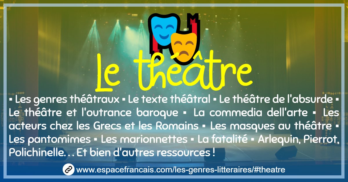 🎭 En cette Journée mondiale du théâtre, retrouvez un grand nombre de ressources sur ce genre littéraire !
👉 bit.ly/Le-Theatre
Les genres théâtraux ▪ Le texte théâtral ▪ Le théâtre de l'absurde... Et bien d'autres ! 

#Collège #Lycée #Théâtre #27mars #JournéeDuThéâtre