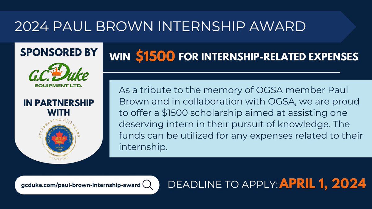 In memory of long-time <a href="/OntarioGSA/">OGSA</a> Member Paul Brown, who passed away in 2017, GC Duke Equipment has offered funding in the amount of $1,500 to support one intern in their quest to acquire knowledge. 

How to apply:
gcduke.com/paul-brown-int…