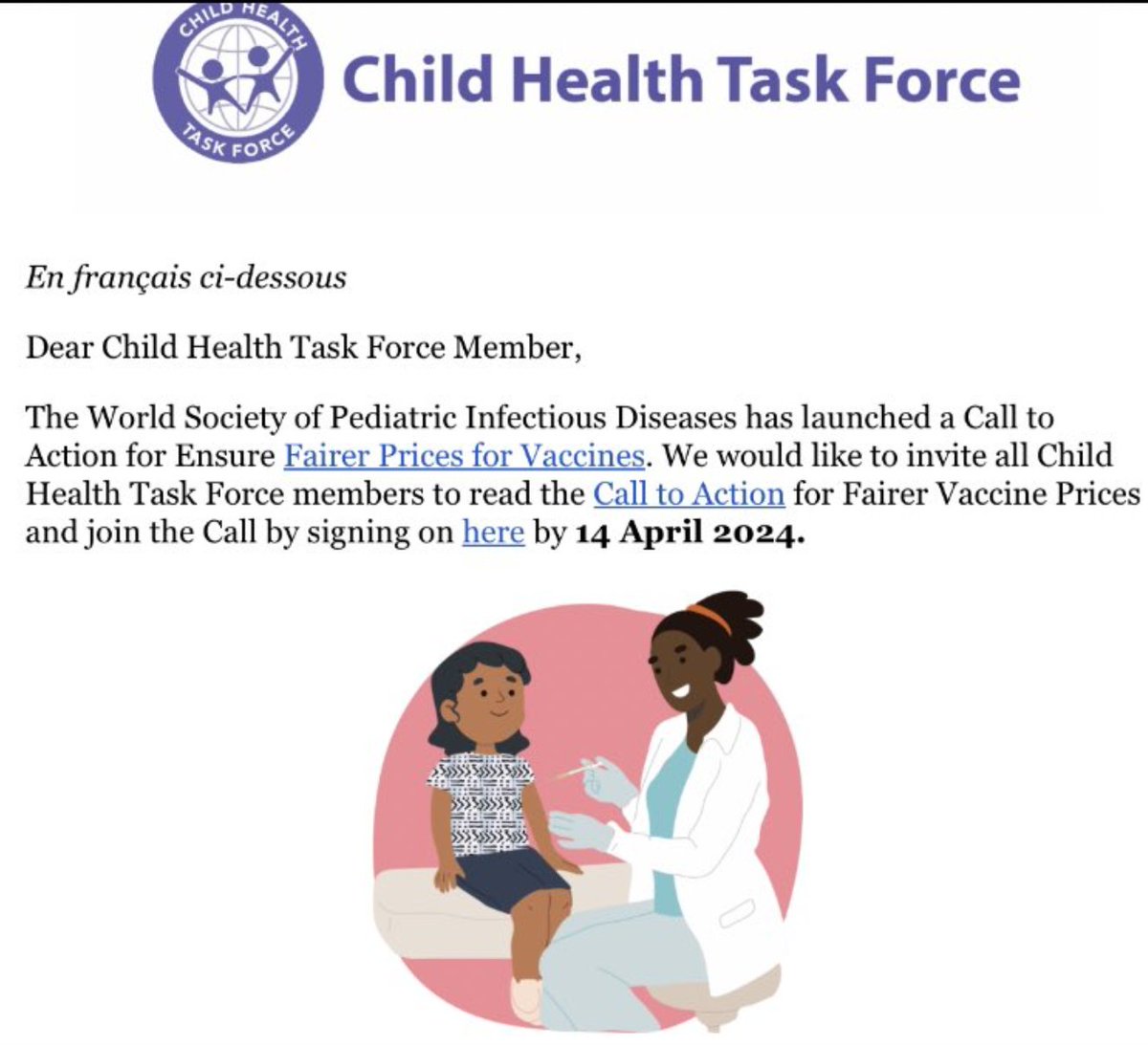 .@ChildHealthTF invites members to sign @WSPID Call to Action for Fairer Vaccine Prices! We heeded the 📢 & you should too if you support #ChildSurvivalAction 👉shorturl.at/drxBR #VaccinesWork...but only if you can afford them @gavi @sabinvaccine @AfricaCDC @gavi_csos