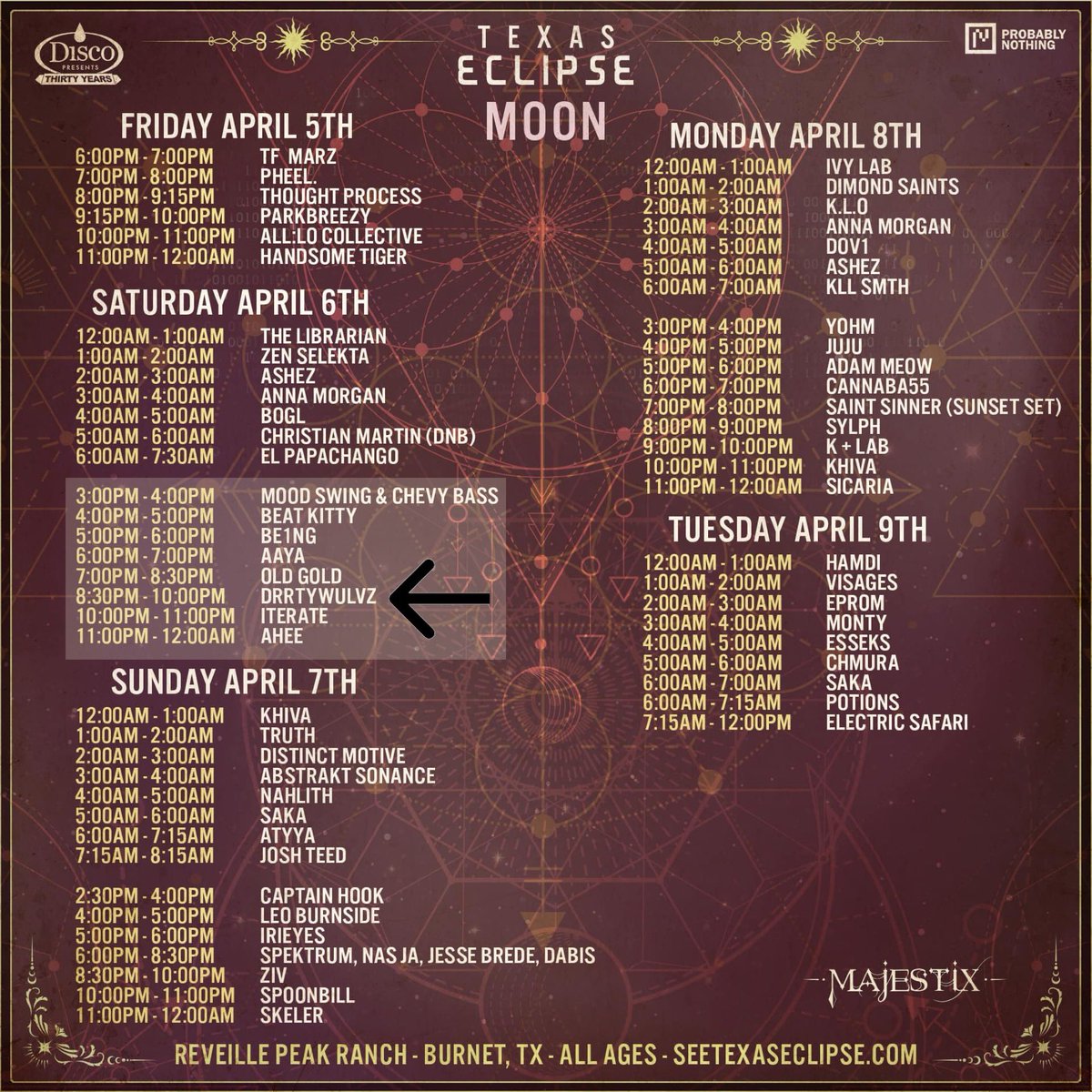 Ol drrty dog has a 90 minute set on the biggest US Danley system on the Moon Stage at the Texas Eclipse. Best believe I am working my buns off on making this one extra tasty.

Saturday night 8:30pm don’t be late 😘 

#texaseclipse #drrtywulvz