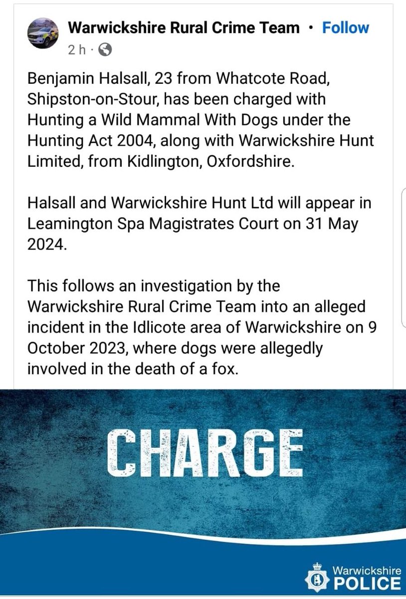 After last night's @Channel4News piece again focusing on the #WarwickshireHunt and @warkspolice we are pleased to be able to announce that the #Hunt have been charged with #IllegalHunting offences. The case will involve evidence gathered by one of our #HuntSabs @HuntSabs