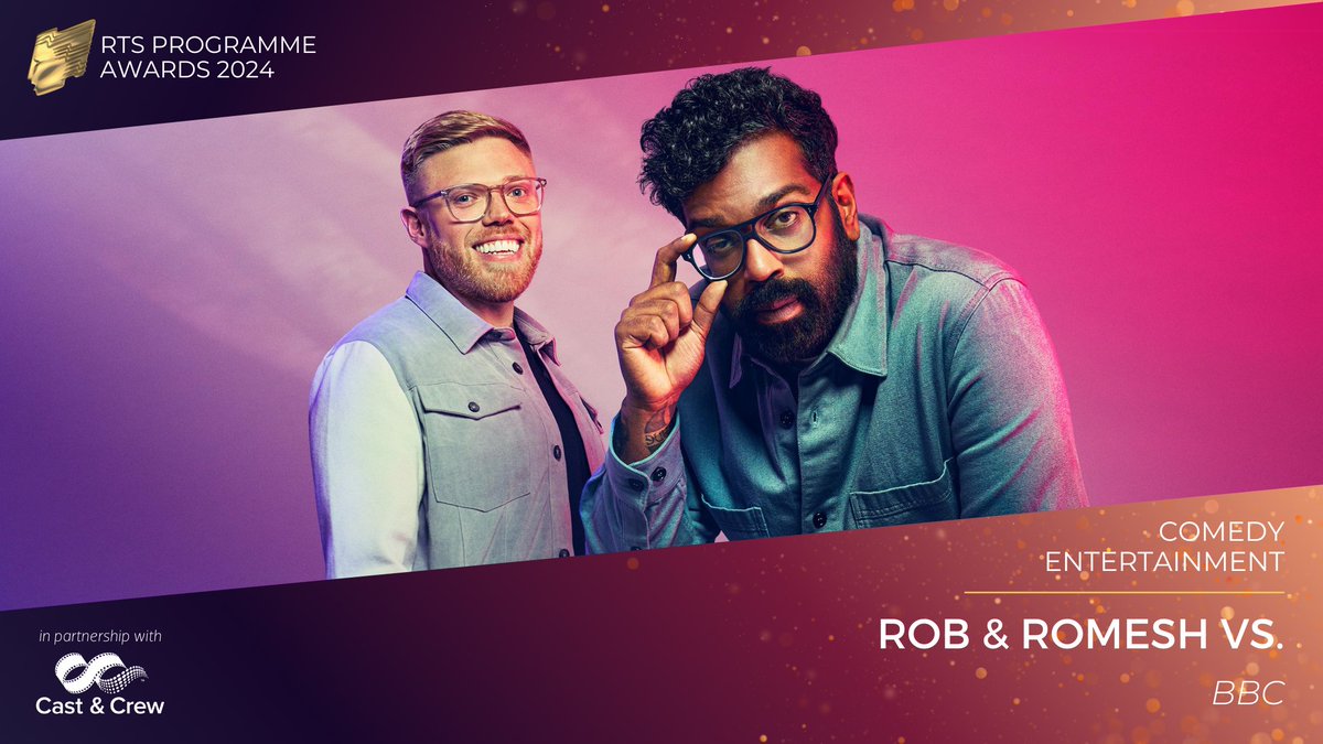 .<a href="/RobAndRomeshVs/">Rob & Romesh Vs</a> wins the Comedy Entertainment award. Judges said the programme was “highly entertaining, brilliantly funny – and produced with real care from start to finish” #RTSAwards
