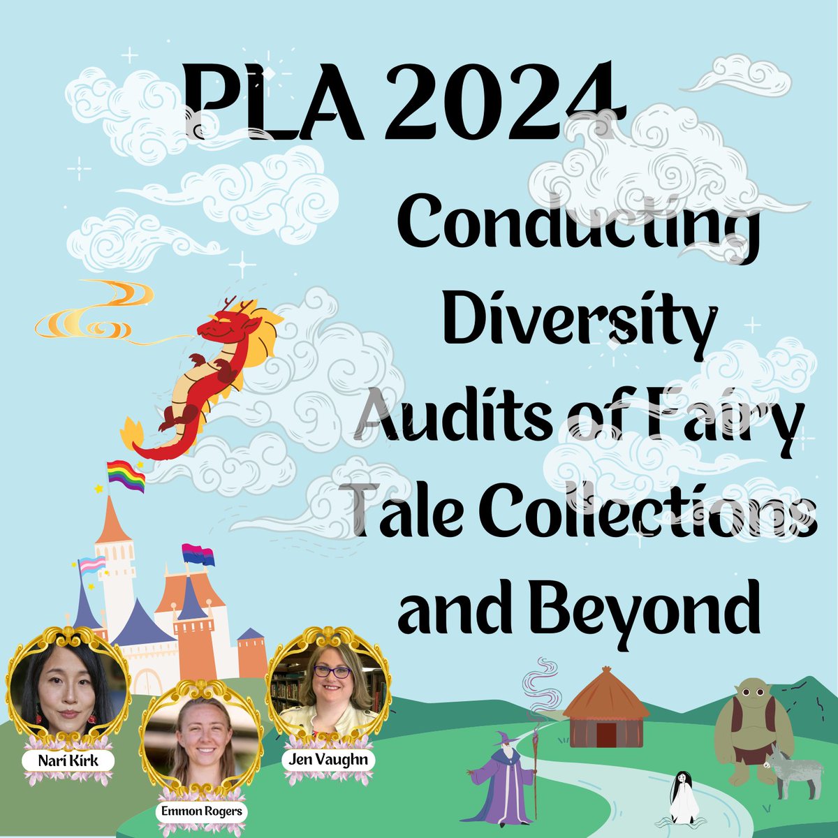 HauntedJen's tweet image. Come see me at PLA in Columbus, Ohio next week as my colleagues and I present our work on diversity auditing a fairy tale collection!
