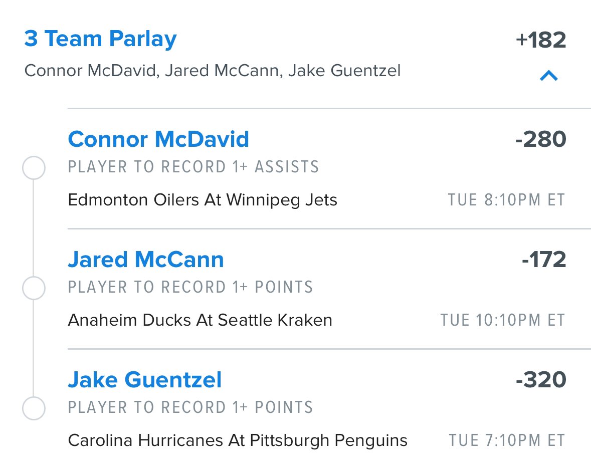 🌟 Today’s Parlay Picks are Locked In! 🌟

•Connor McDavid: 1+ Assist 🏒
•Jared McCann: 1+ Point 🎯
•Jake Guentzel: 1+ Point 🔥

Stacking up the surefire scorers for a big win! Ready to join the win streak? 💥

#SportsBetting #GamblingX #ConnorMcDavid #JaredMcCann