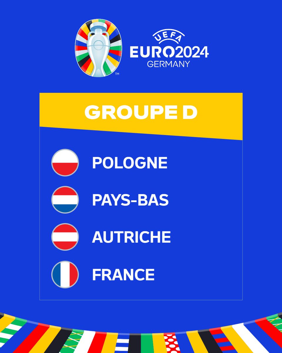 Le groupe des Bleus à #EURO2024 est au complet! 🗓️ Calendrier 17/06, 21 heures : 🇦🇹 - 🇫🇷 21/06, 21 heures : 🇳🇱 - 🇫🇷 25/06, 18 heures : 🇫🇷 - 🇵🇱