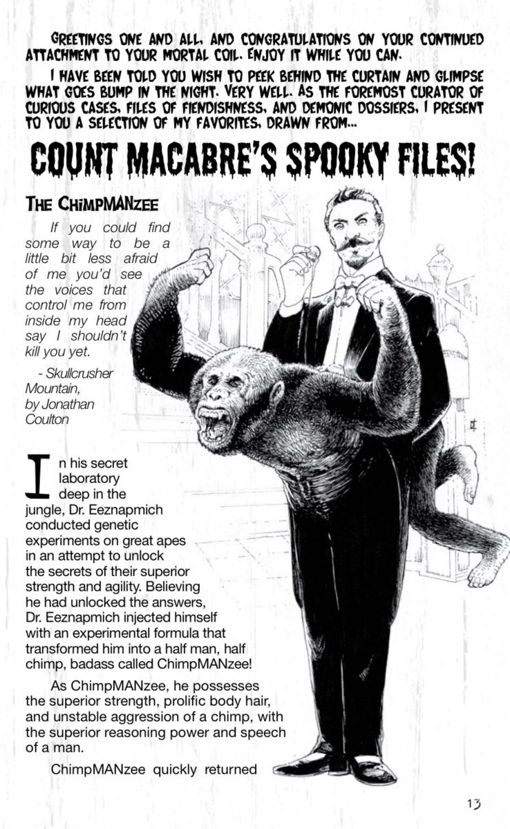 Every day we get a little closer to unleashing REVEREND WEREWOLF’S OLD TIMEY MONSTER MANIA FAMILY HOUR on the public. Here’s a little screenshot for you, the CHIMPMANZEE by Cold-Blooded Kevin Colden! #planetxgames #zine #zines