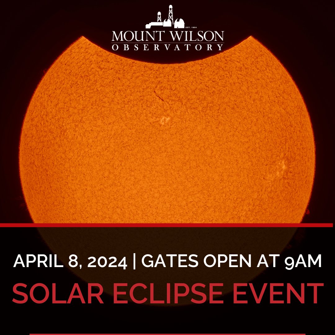 APR 8 SOLAR ECLIPSE EVENT - FREE & OPEN TO THE PUBLIC! We will stream the eclipse live to our Auditorium, weather permitting. The base of the 150-foot solar tower telescope will also be open. MORE INFO: mtwilson.edu/events/2024-so…