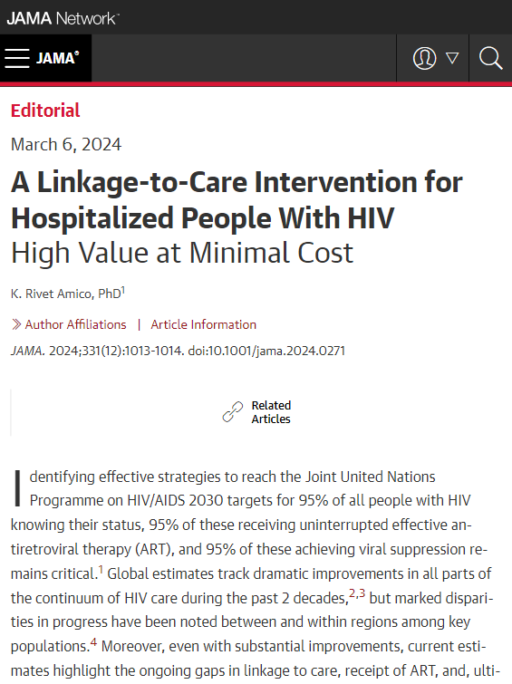 JAMA_current's tweet photo. Editorial by @umichsph K. Rivet Amico, PhD: "The study by Peck and colleagues is among the first clinical trials focused on hospitalized people with HIV to demonstrate potential multiple benefits." 

https://t.co/a6Hkan5cxS https://t.co/guZVQR3iSg