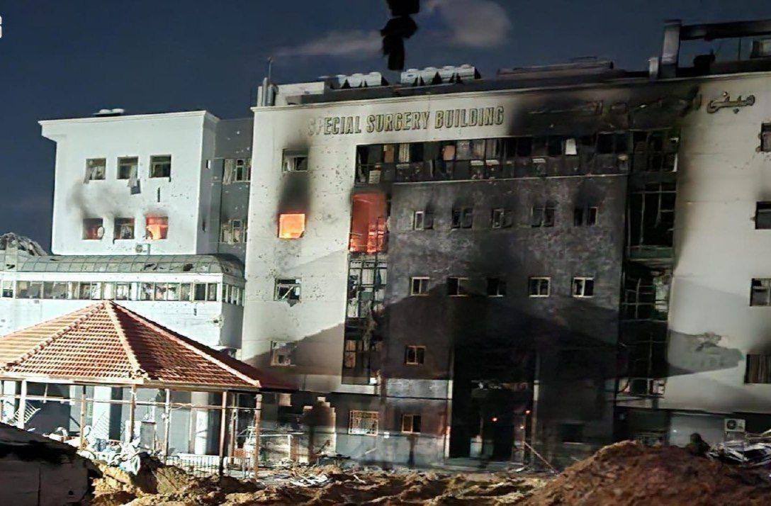 Al-Shifa hospital; burned, bombed, shelled & besieged by Israel in broad daylight for 8 days in a row. Burned means IDF soldiers walked inside safely & took their time to set it on fire without facing any threat from inside that building. This was Gaza’s largest hospital!