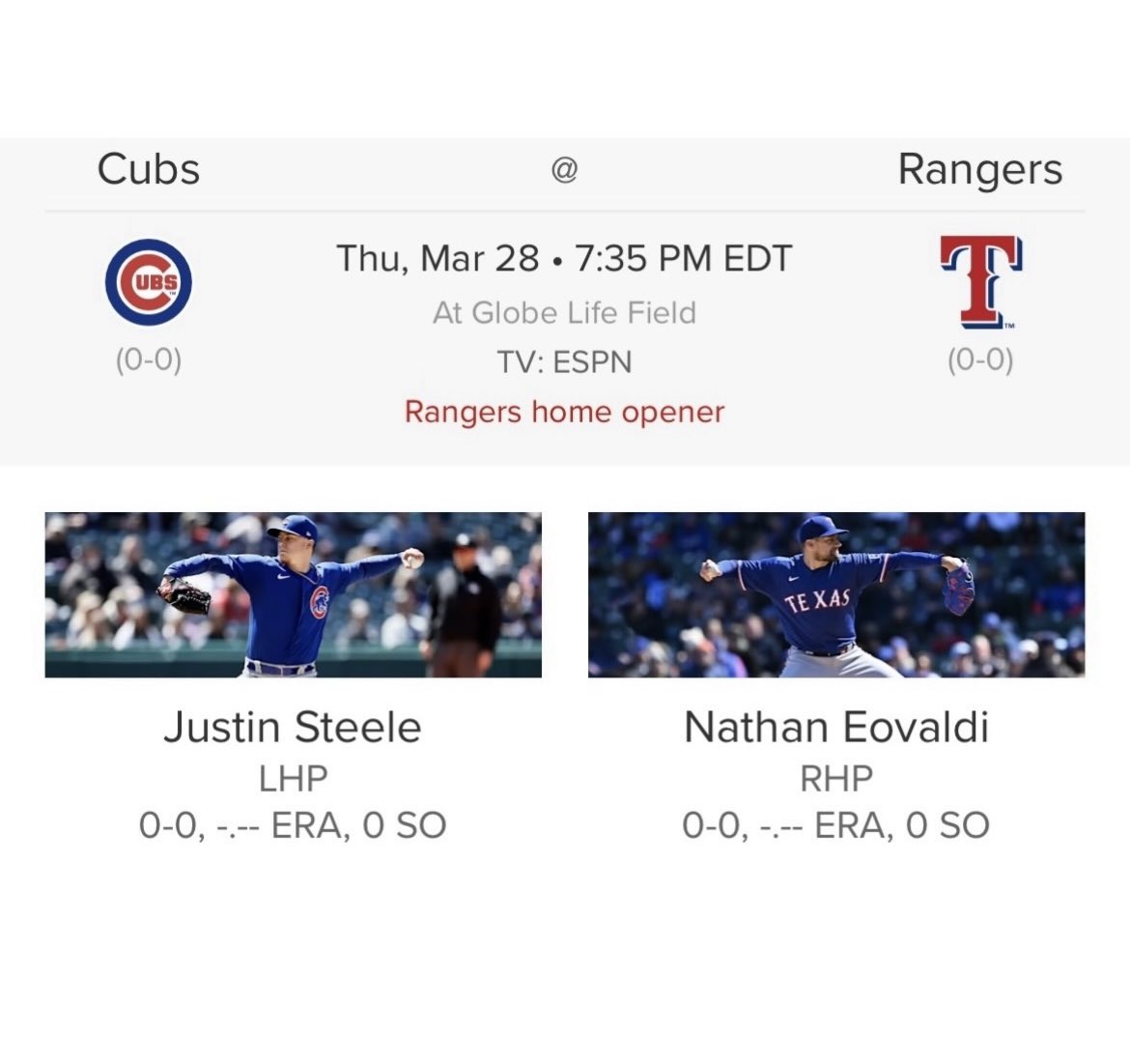 🚨RP!!! GET OPENING DAY PLAY!!! 

💵THE MLB SEASON STARTS THIS THURSDAY LAST SEASON I HIT AT 61% ON OVER 300 LEGIT STRAIGHT BETS. 

⚾️ANYONE WHO REPOST THIS WILL GET MY FIRST BET OF THE SEASON IN #NextStartsHere 🆚#StraightUpTexas SENT TO THEM 6-6:30pmET ON THURSDAY 

📺ESPN