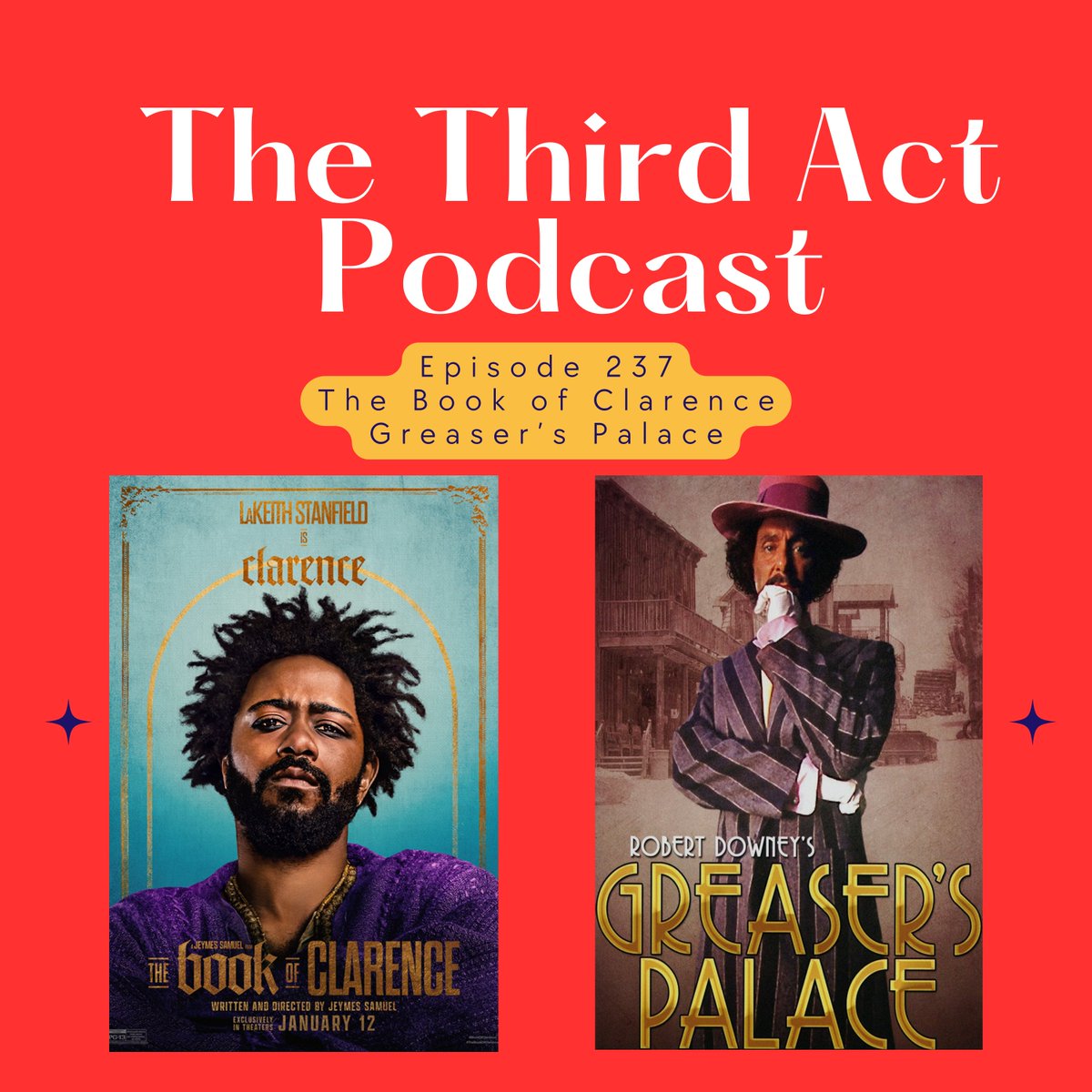 thethirdactpod's tweet photo. Episode 237 is now available!
We discuss two alternate takes on a Messianic story- the new release from Jeymes Samuel, THE BOOK OF CLARENCE &amp; the Robert Downey Sr. 70s film, GREASER'S PALACE.

Check it out at https://t.co/mbYWmQq4En or wherever you get podcasts #TheBookofClarence https://t.co/AnwwEE8B6H