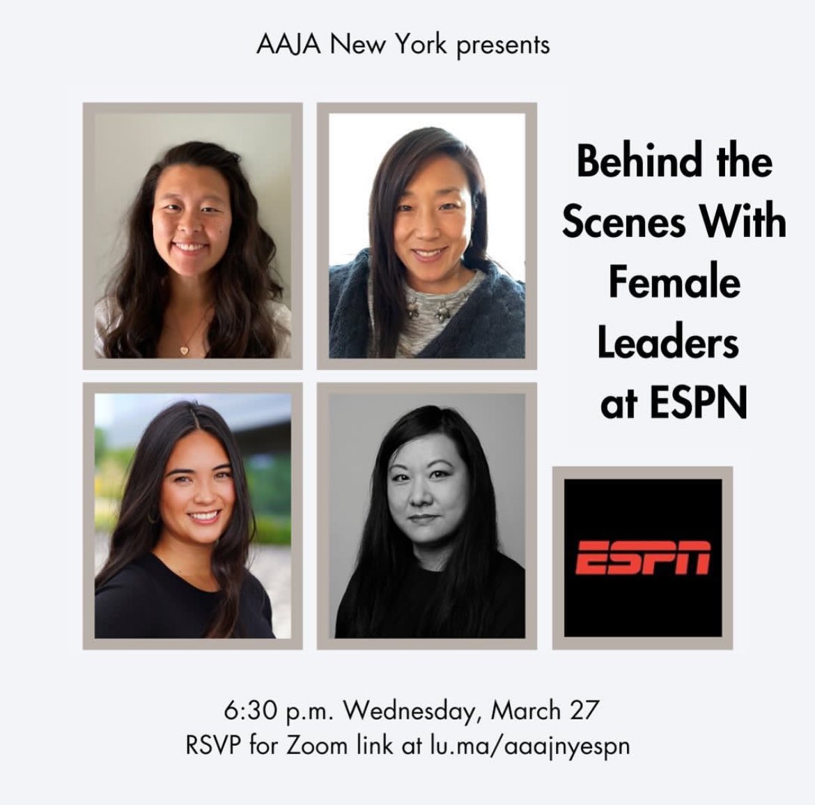 TOMORROW! A Zoom chat with some of the amazing #AAPI women who are leaders at @espn!! 👏👏👏 Thank you @aajanewyork for putting on this fantastic panel for all @aaja membership RSVP here 👉 lu.ma/aaajnyespn @allie215 @oriolegirl @_Sierra_Morgan_ #ChinWang #AAPI #ESPN