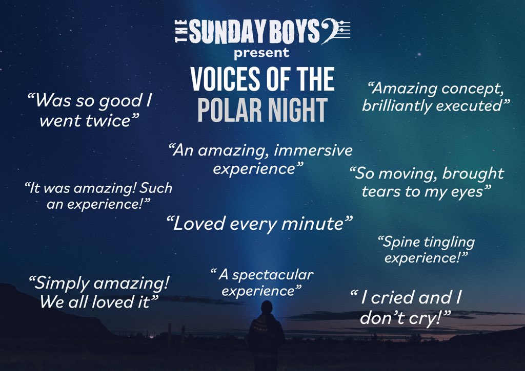 The Sunday Boys (@the_sundayboys) on Twitter photo 🎉What audiences are saying about our latest immersive adventure!
🎟️ Get your tickets!
Performed in a car park, 'Voices of the Polar Night' is a choral experience where a blindfolded audience is surrounded by singers, enveloped in music.
thesundayboys.com/votpn
<a href="/ace_national/">Arts Council England</a> 🎉What audiences are saying about our latest immersive adventure!
🎟️ Get your tickets!
Performed in a car park, 'Voices of the Polar Night' is a choral experience where a blindfolded audience is surrounded by singers, enveloped in music.
thesundayboys.com/votpn
<a href="/ace_national/">Arts Council England</a>