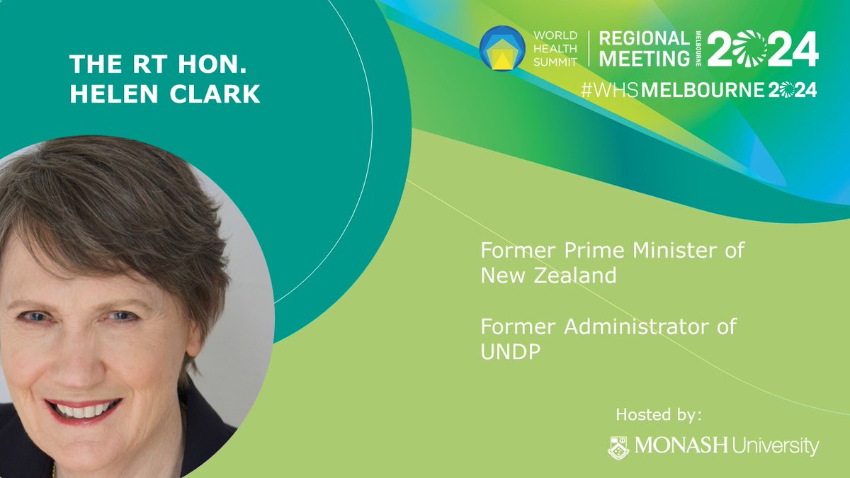You can catch Rt Hon @HelenClarkNZ next month in Melbourne at the World Health Summit Regional Meeting! Check out the full program (hot off the press!), incredible lineup of speakers, and register to attend here: whsmelbourne2024.com #WHSMelbourne2024 @whsmelbourne24