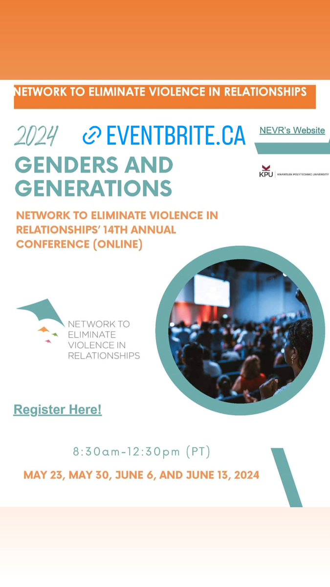 @NEVRCampaign Network to Eliminate Violence in Relationships (NEVR) 14th annual conference is coming up May 23, 30, June 6, 13 0830-1230 Pacific time. This cross-sectoral conference is an amazing opportunity to learn about different aspects of