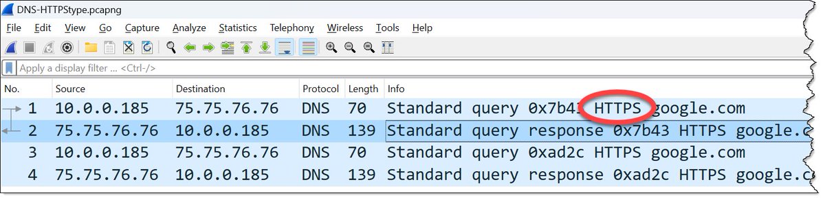 🔍 Discover the power of DNS Type 65 - HTTPS in network analysis. Dive into RFC 9460 to learn how browsers use it to enhance the connection process.

Learn more and check out the practice .pcapng in this week’s Laura’s Lab Blog! ow.ly/NrWP50R1QxM
#HTTP #Wireshark #pcap #DNS