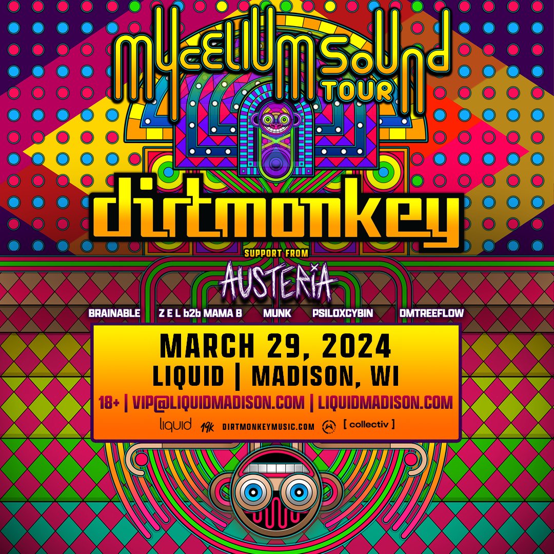 This Friday 🔥 Dirt Monkey & AUSTERIA 🔥 are bringing the WUBS to Madison with a stacked support lineup feat. Mama B | Z E L | Brainable | DMTreeFlow | PsiloXcybin | Munk 🐒 Doors at 10:00 🎟️liquidevents.link/dirtmonkey @dirtmonkeymusic