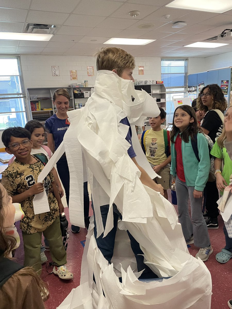 We had such a blast on campus today! The Fun Run team danced at the car rider line, visited every classroom to deliver updates, passed out prizes to students, and got turned into a toilet paper mummy by Ms. Arick’s 1st-grade class and Mrs. McWilliams’ 4th-grade grade class!