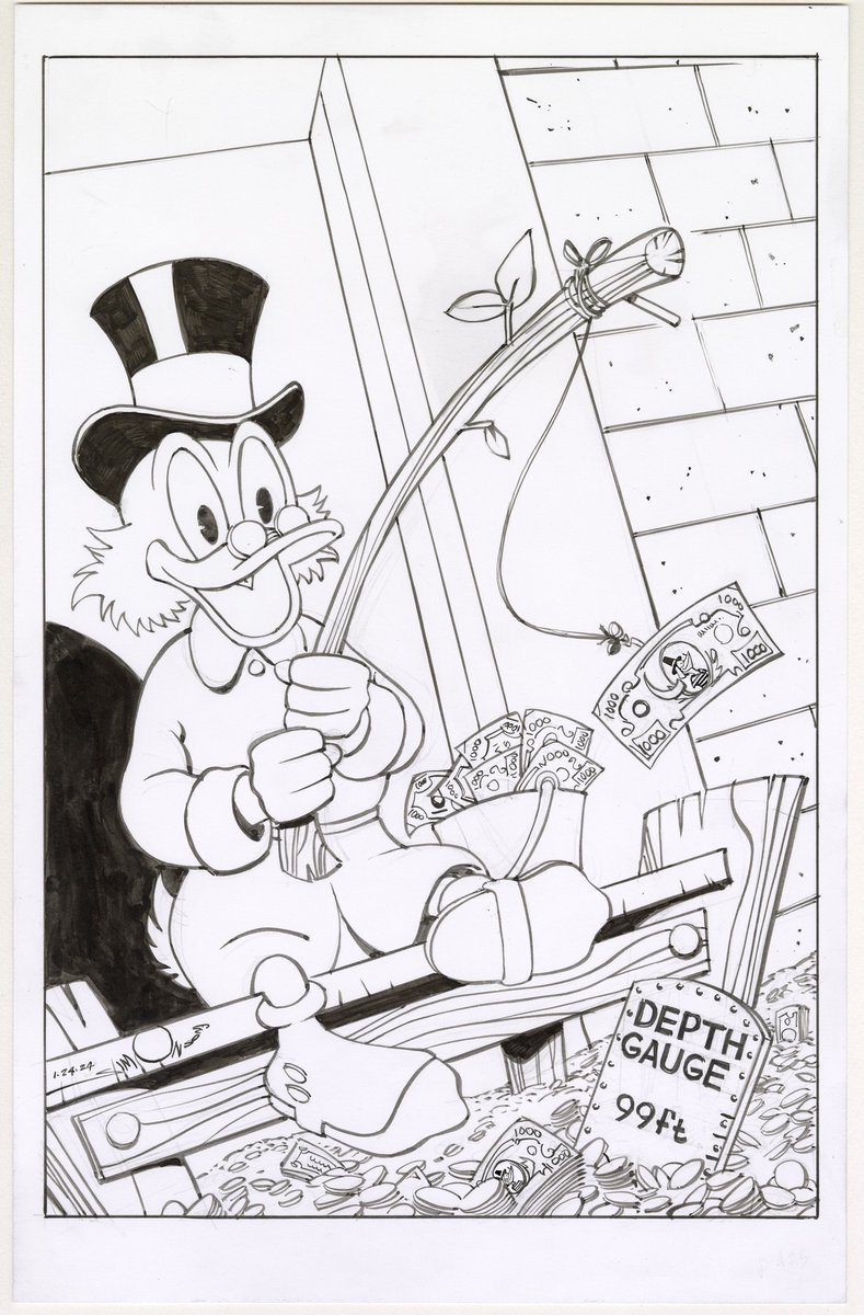 And now for something a little different. Uncle Scrooge variant cover. Brush, crow quill, and India ink. 10 x 15. 2024. The image on the $1000 bill is Cornelius Coot, the founder of the city of Duckburg. :-)