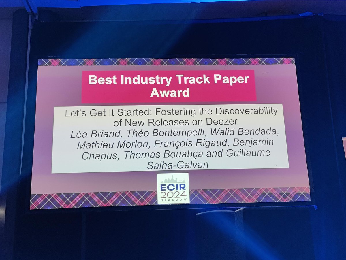 I'm thrilled and humbled to share that our work on new releases has just been awarded the 'Best Industry Track Paper Award' at #ECIR2024!

Congratulations to all members of our music recommendation team at @Deezer! 👏

@ecir2024 @researchdeezer @lea_ibrd @xbenji