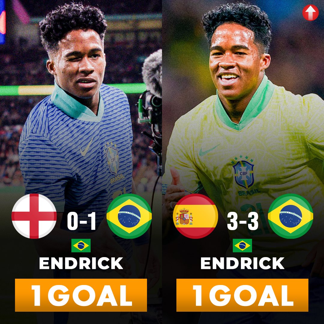 Endrick during this International Break: ▶️ Against England - 1 goal scored. ▶️ Against Spain - 1 goal scored. Destined for Greatness. Real Madrid and Brazil's Wonderkid. 🇧🇷🤩
