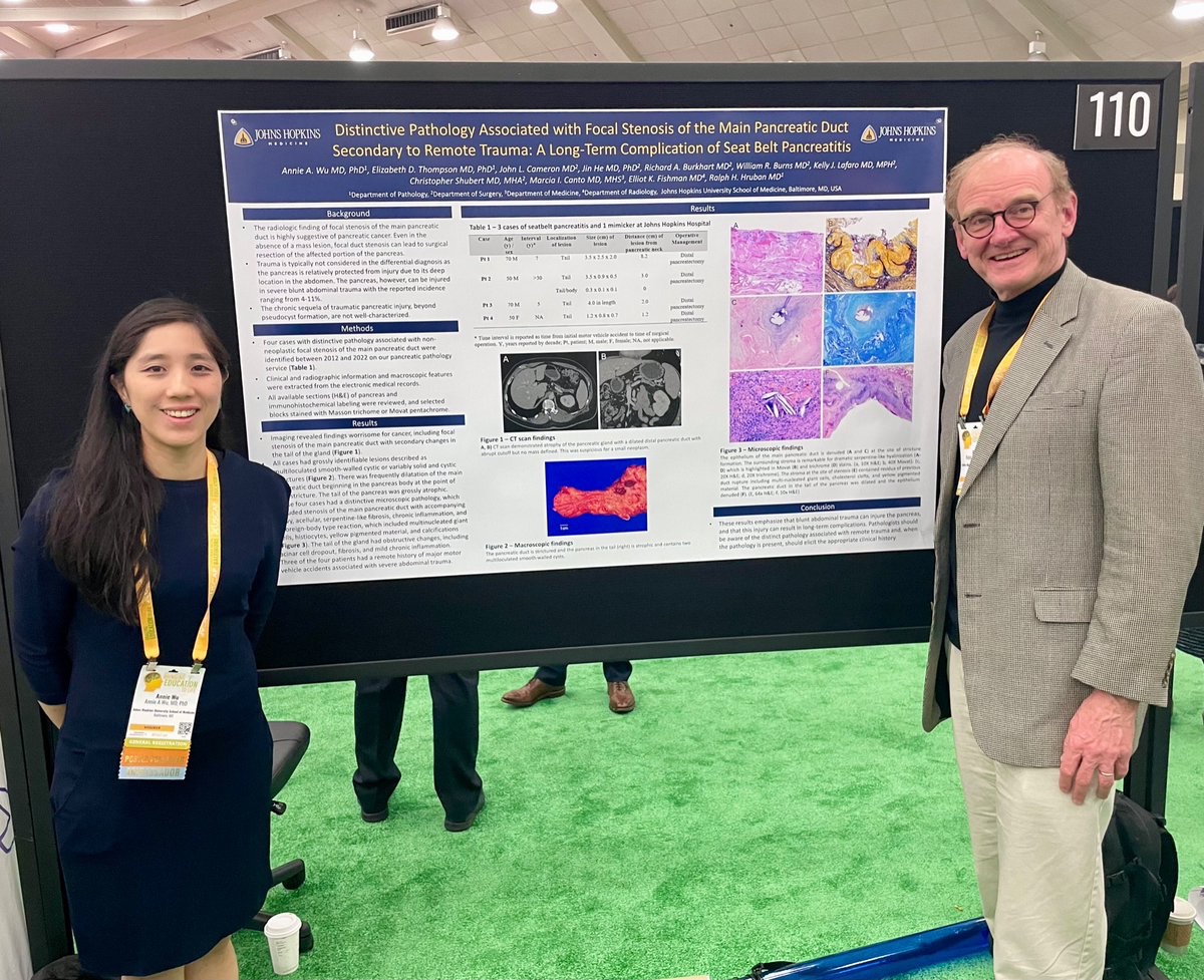 “‘Seatbelt pancreatitis’…could this be due to trauma from bicycle handlebars too?” 🤔 Thank you to all those who dropped by our poster at #USCAP2024 with their curiosity and creative ideas! Shout out to Dr. @RalphHruban for his mentorship on this one. #PathTwitter #PathX