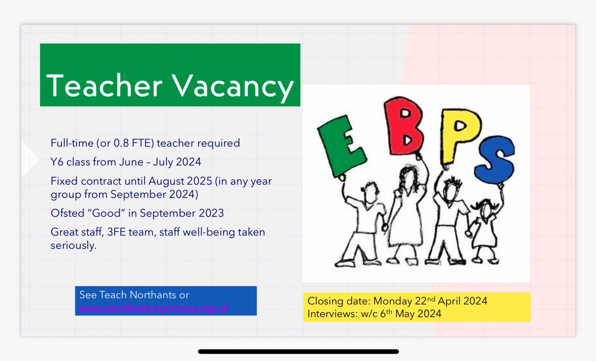Please share/ RT. Teacher vacancy at our fab school for a June start in Y6. Please contact us for more information or a school tour. @Northants_Teach #teachingVacancies @NorthantsTeach