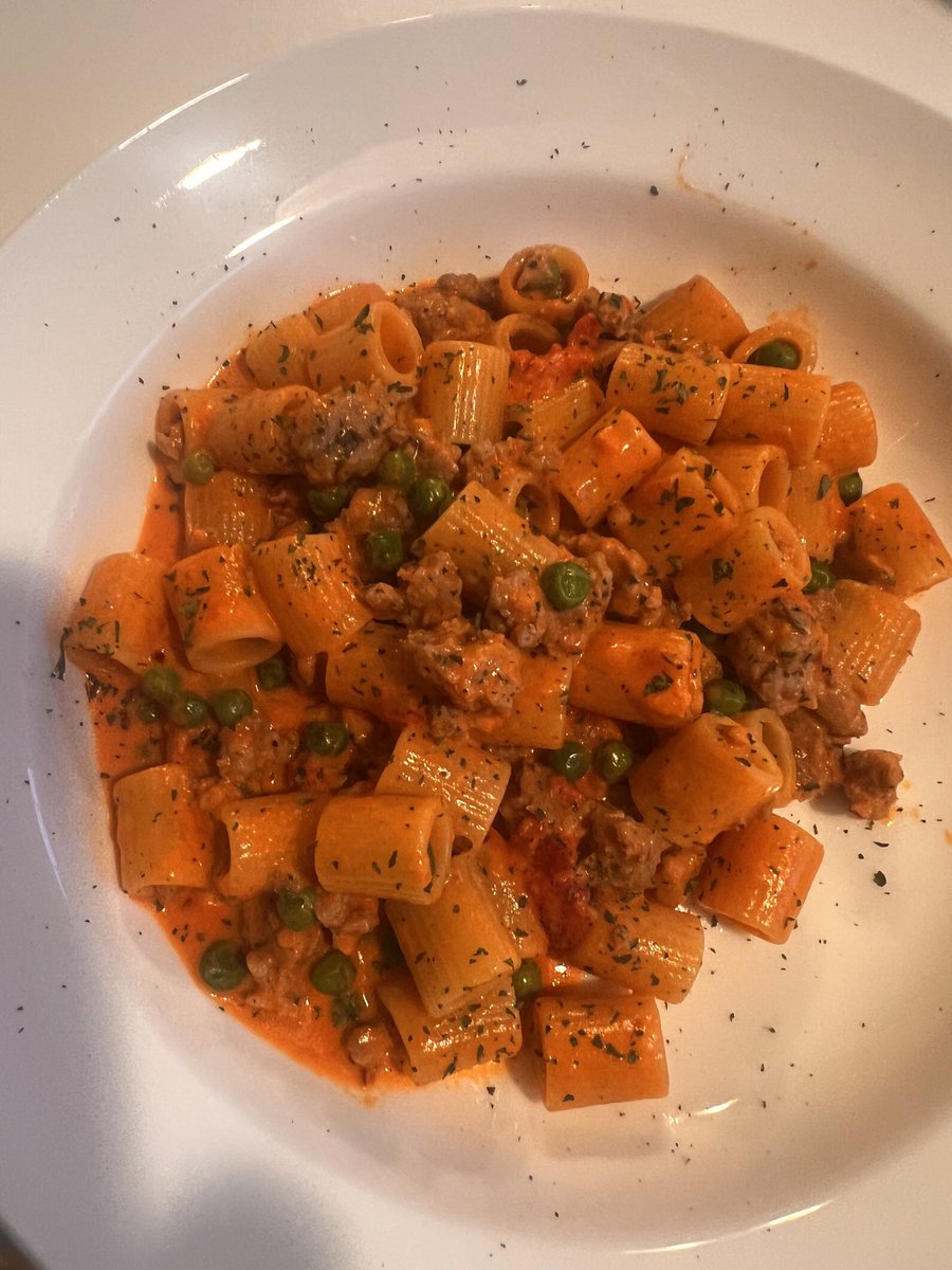 Another go to dish tonight, pasta with sausage and peas in a spicy tomato cream sauce. Let’s go Rangers!