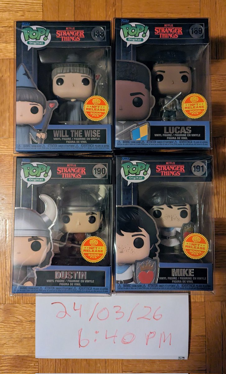 For sale! Near mint condition in pop protectors set of 4 Stranger things NFT pops. USA or Canada only. PayPal F&F. Please keep in mind I'm shipping from Canada. 270 US shipped for the set of 4 @DisTrackers @FunkoFien @funkofinderz @TheFunkoBros @JoMomma29 @tdragons345 plz RT 🙏