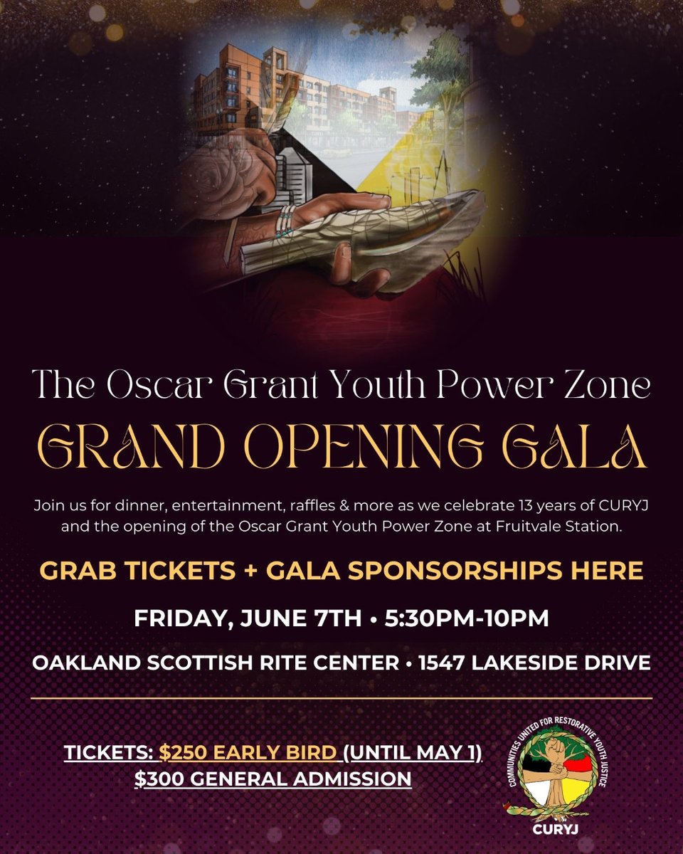 Save the Date for the Grand Opening Gala for the Oscar Grant Youth Power Zone happening Friday, June 7th at The Oakland Scottish Rite Center in Lake Merritt. Be sure to purchase your early bird tickets which will only be available until May 1st 👉 ow.ly/2Ut550R0ch8