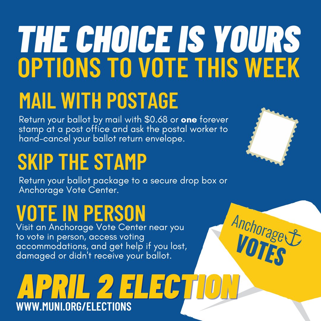 The choice is yours🗳️Make a plan to return your ballot this week by mail, to a dropbox, or in-person at an Anchorage Vote Center (AVC). Find one near you: linktr.ee/ancmuniclerk #helpANCvote #ANCVotes #ANCgov