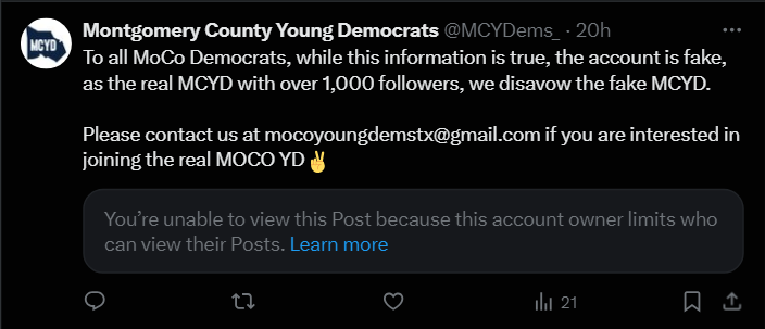 We have had to block this fake MCYD account that was created in February 2024 with over 1,000 bot accounts that were created recently in 2024. They were behind the Zoombombing that we had to deal with in February 2024 as well as the impersonation of one of our members!