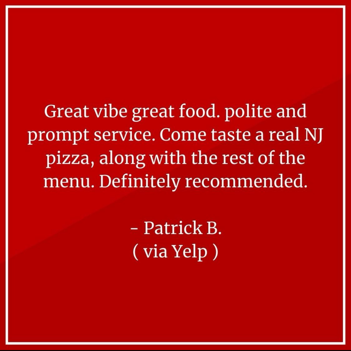 Thanks a bunch for this awesome review, Patrick! We're thrilled you enjoyed our atmosphere, food, and service. We can't wait to serve you up some more authentic NJ #pizza goodness! #KinchleysTavern #Yelp #RamseyNJ #ThinCrustPizza