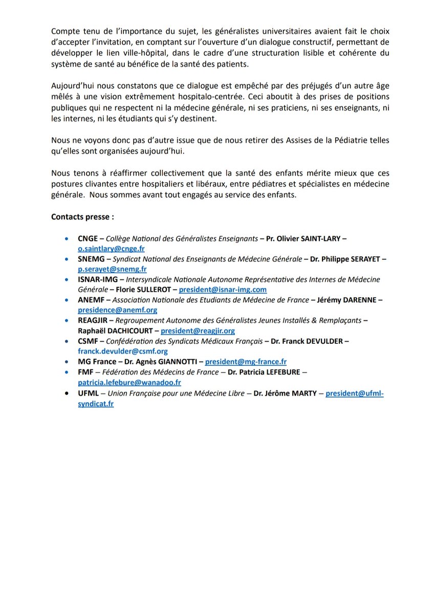 SNEMG (@lesnemg) on Twitter photo Communiqué commun!
Santé de l’enfant : les spécialistes en médecine générale
doivent être respectés et entendus
<a href="/LeSNEMG/">SNEMG</a> <a href="/ReAGJIR/">ReAGJIR</a> <a href="/CNGE_France/">CNGE</a> <a href="/ISNARIMG/">ISNAR-IMG</a> <a href="/ANEMF/">ANEMF</a> <a href="/MG_France/">MG FRANCE</a> <a href="/CSMF_officiel/">CSMF_officiel</a> <a href="/UFMLSYNDICAT/">UFML SYNDICAT - syndicat de médecins libéraux</a> <a href="/FMFofficiel/">FMF_Fédération des Médecins de France</a> Communiqué commun!
Santé de l’enfant : les spécialistes en médecine générale
doivent être respectés et entendus
<a href="/LeSNEMG/">SNEMG</a> <a href="/ReAGJIR/">ReAGJIR</a> <a href="/CNGE_France/">CNGE</a> <a href="/ISNARIMG/">ISNAR-IMG</a> <a href="/ANEMF/">ANEMF</a> <a href="/MG_France/">MG FRANCE</a> <a href="/CSMF_officiel/">CSMF_officiel</a> <a href="/UFMLSYNDICAT/">UFML SYNDICAT - syndicat de médecins libéraux</a> <a href="/FMFofficiel/">FMF_Fédération des Médecins de France</a>