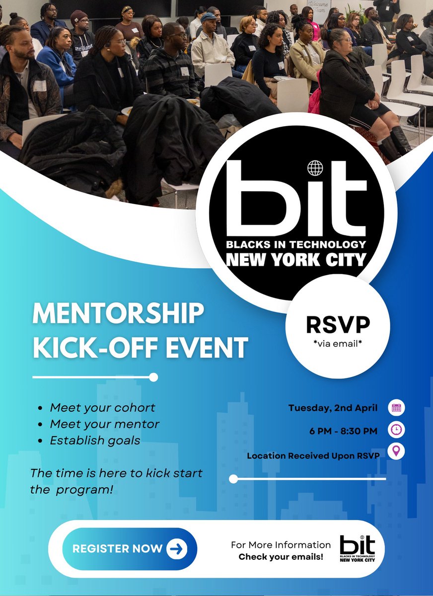 BlacksInTechNYC's tweet image. Join us for the kickstart of our very own Mentorship Program! It’s finally time to meet your mentors and mentees!

If you are a mentor or a mentee in the program check your emails!

Date: April 2nd
Time: 6p-8:30p
Location: Sent out via email 

#bitnyc #mentorship #careergoals