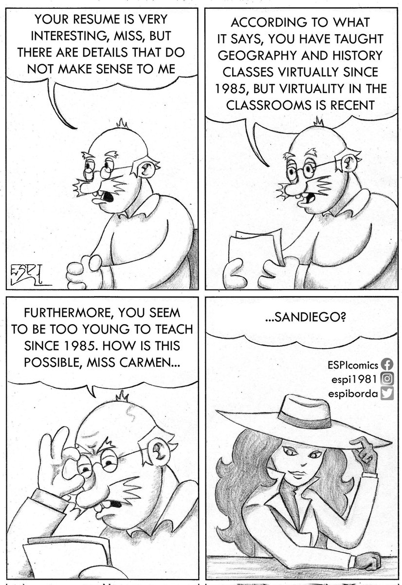 EspiBorda's tweet image. Comic strip made for @LudoramaR
Remember to visit facebook.com/pixeljokes

@DaneBigham
#comicstrip #videogames #educationalgames #danebigham #broderbund #virtualteaching #carmensandiego #whereintheworldiscarmensandiego