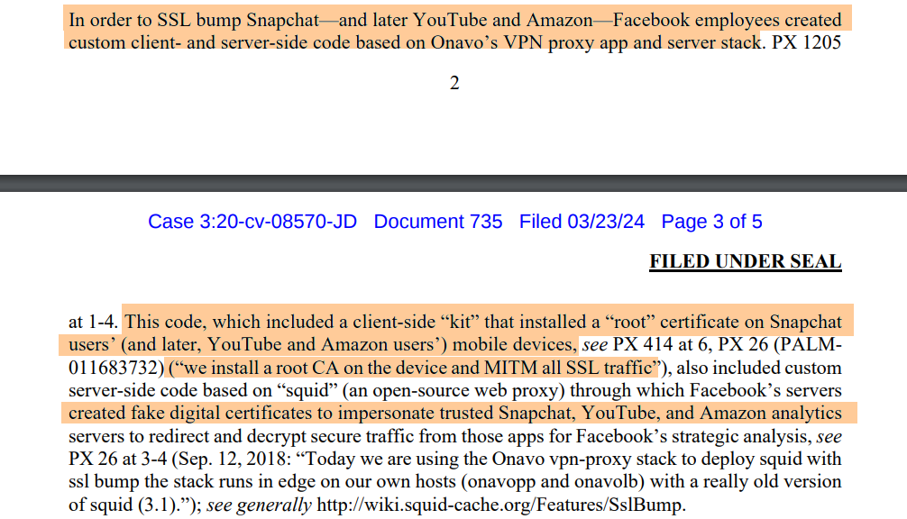 If you needed yet another reason not to trust VPN providers or proxy services... Here Facebook partnered with a bunch of companies to have root certificates installed on people's phones so they could intercept other app's traffic. storage.courtlistener.com/recap/gov.usco…