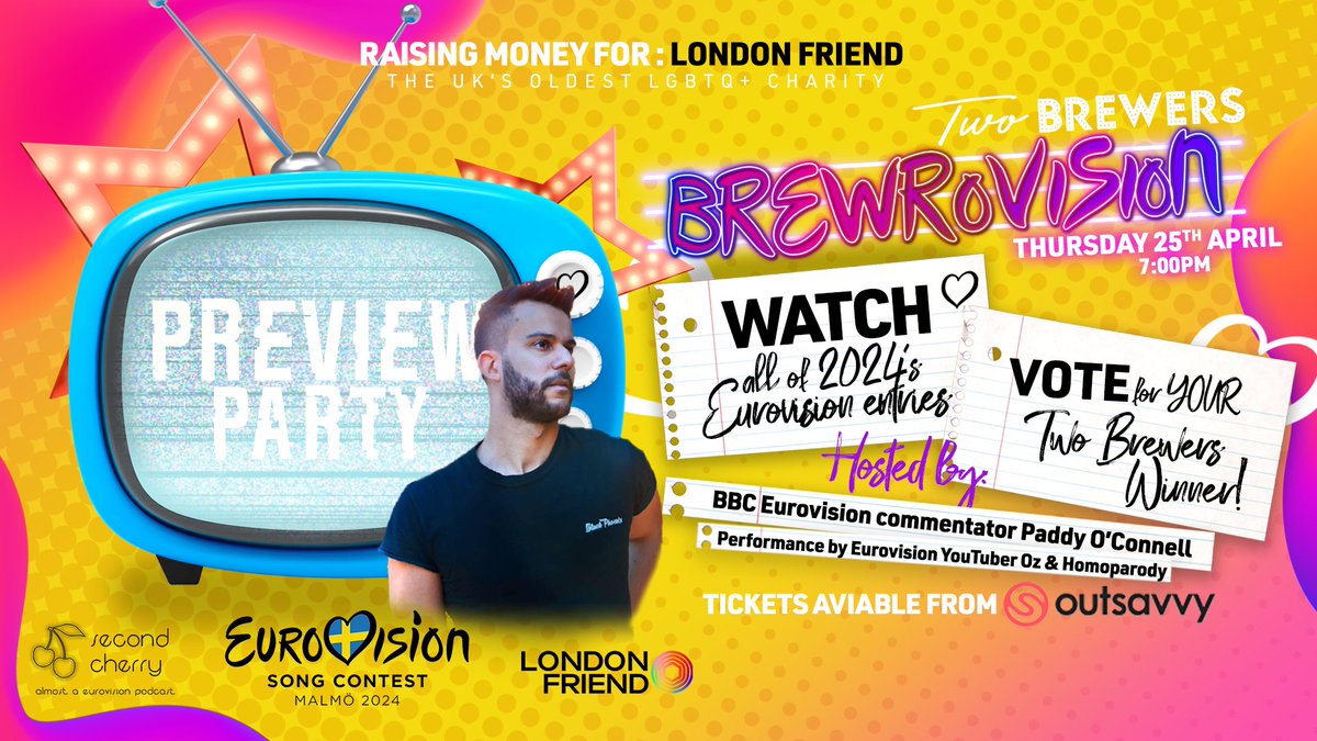 ✨ Watch all this year’s #Eurovision entries and vote for your favourite at #Brewrovision - The Two Brewers preview night raising funds for us at London Friend! 🌈 Tickets on sale now: outsavvy.com/event/19197/br…