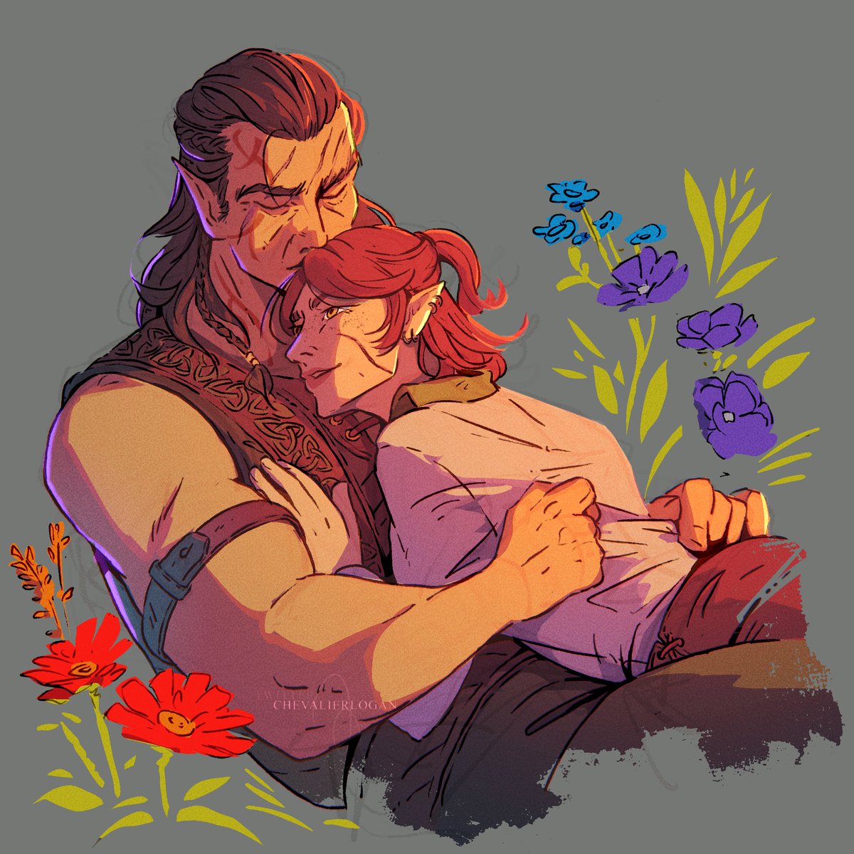 “All of nature’s bounty pales next to you.” Had the pleasure of commissioning @_ChevalierLogan for my very first BG3 related piece of Rina and Halsin and I'm in love with how beautifully soft and tender it turned out! Thank you again, Logan! 🐻🏹🌼💖 #BaldursGate3 #BG3 #Halsin