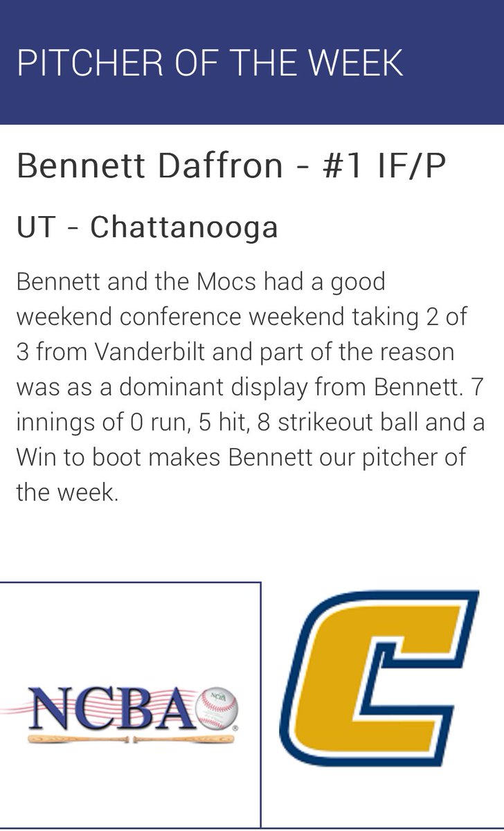 Congratulations to @ReDChase_ for winning Conference Pitcher of the week! Mocs produce arm talent 🫡