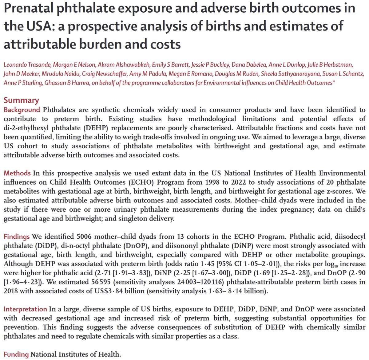 Phthalates, widely used in personal care products & food packaging, could be linked to 24,000-120,000 preterm births in the US in 2018, potentially costing $1.6-8.1 billion in medical expenses over the lifetime of the children - new US data doi.org/10.1016/S2542-…