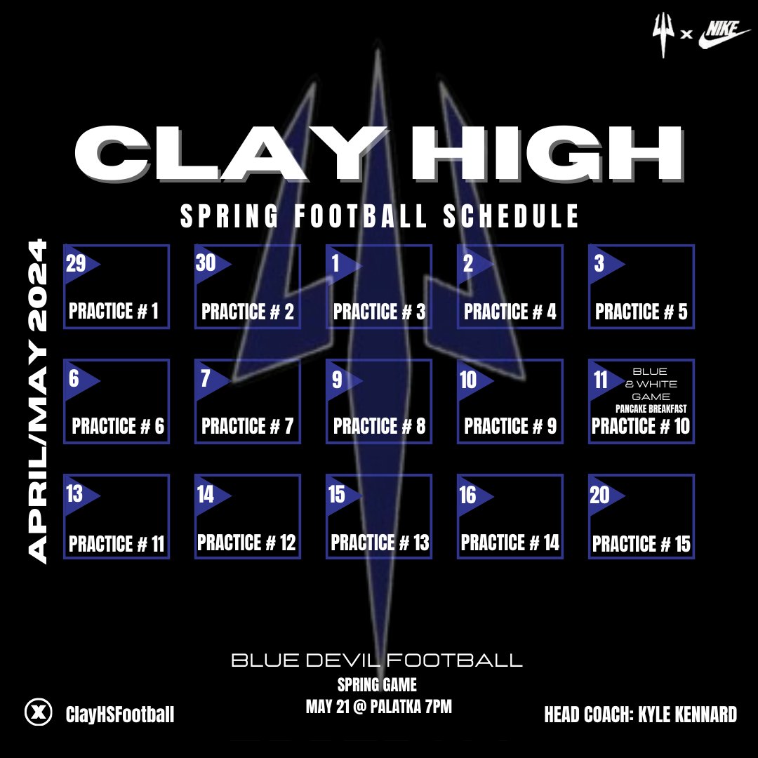 Clay High Football (@clayhsfootball) on Twitter photo 🚨 Announcement 🚨
Clay High Spring Football Schedule!! College Coaches, please DM for a prospect list & we will send it right over! We have a big time '25 & '26 class with some '27's coming!
<a href="/Clay_Athletics/">Clay High Athletics</a> <a href="/oneclaysports/">Clay County Athletics</a> <a href="/FlaHSFootball/">FloridaHSFootball.com</a> <a href="/larryblustein/">Blustein Recruiting</a> <a href="/JustinBarneyTV/">Justin Barney</a> 🚨 Announcement 🚨
Clay High Spring Football Schedule!! College Coaches, please DM for a prospect list & we will send it right over! We have a big time '25 & '26 class with some '27's coming!
<a href="/Clay_Athletics/">Clay High Athletics</a> <a href="/oneclaysports/">Clay County Athletics</a> <a href="/FlaHSFootball/">FloridaHSFootball.com</a> <a href="/larryblustein/">Blustein Recruiting</a> <a href="/JustinBarneyTV/">Justin Barney</a>