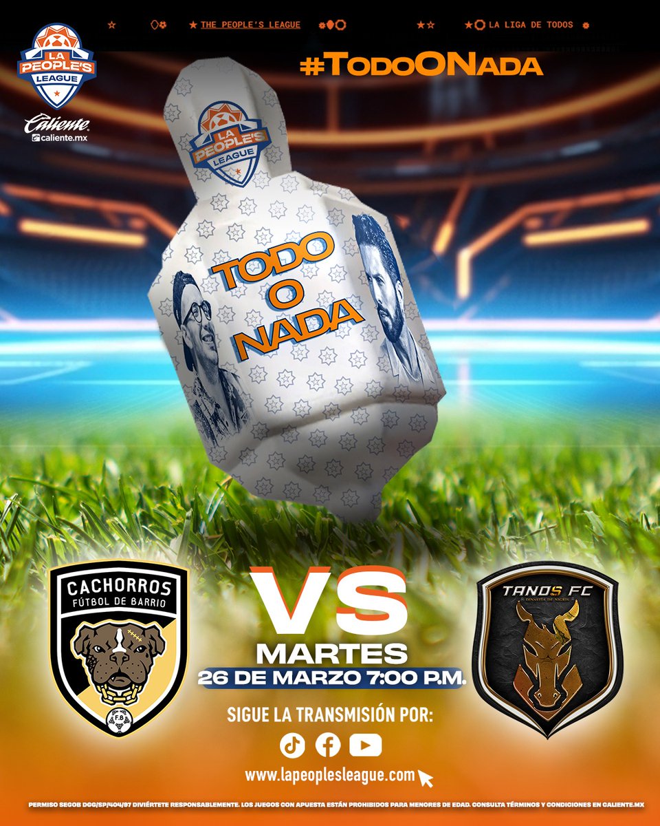 LaPeoplesLeague's tweet image. Día determinante para @cachorrosfb enfrentando a @tanosfcmx. Además hay un reto entre @elcapiperez y @_PonchoDeNigris. 

#TodoONada  #LaPeoplesLeague 

📆 Martes 26 de marzo.
⏰ 7:00 P.M. 
📱 lapeoplesleague.com, YouTube, Facebook y TikTok.