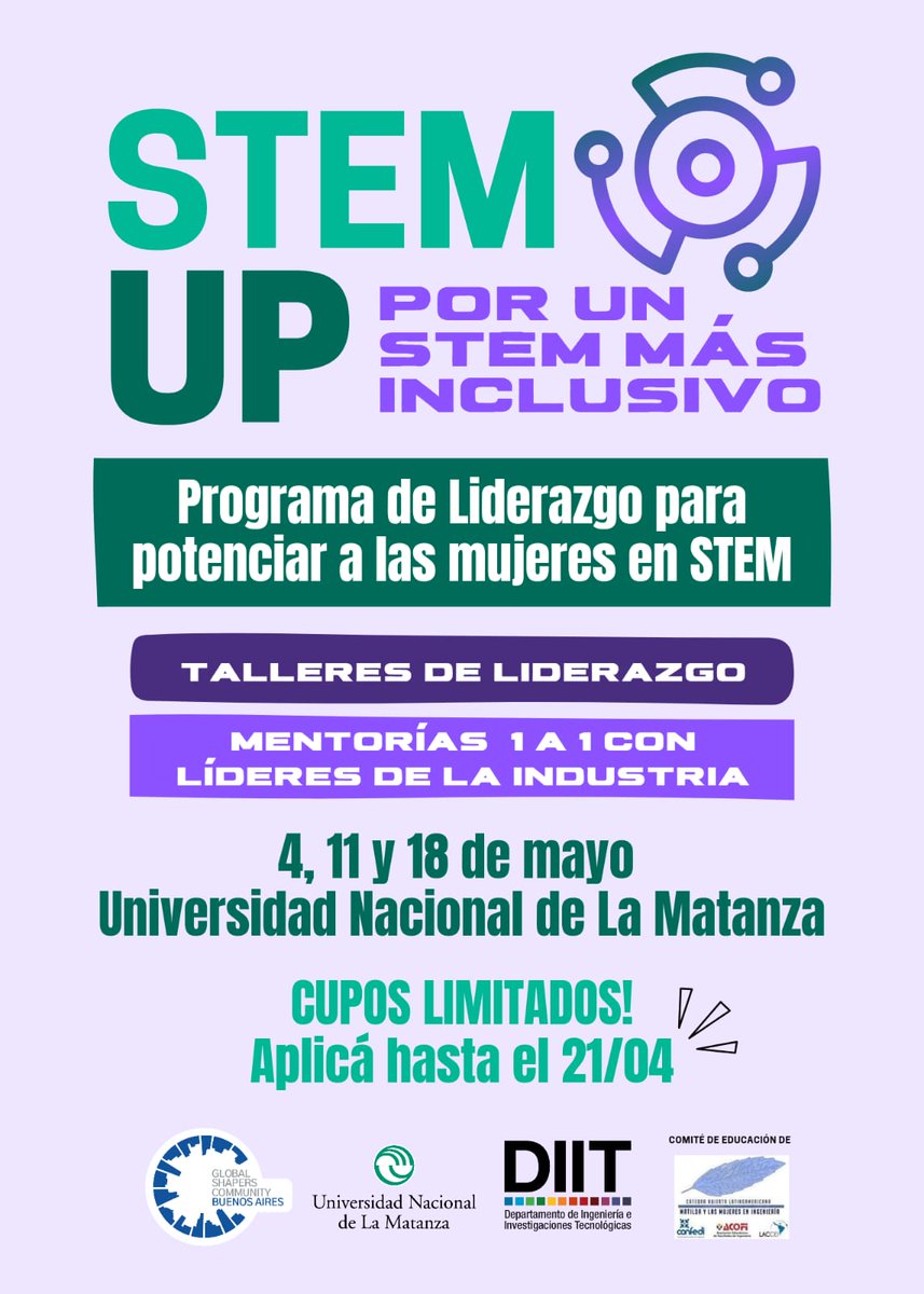¡VUELVE #STEMUP!✨

Si estás estudiando una carrera en el área #STEM y querés impulsar tu desarrollo profesional, además de formar parte de una comunidad de mujeres líderes cada vez más grande, esta es tu oportunidad!

Aplicación + info👇
forms.gle/YyViefX3XLK2nJ…